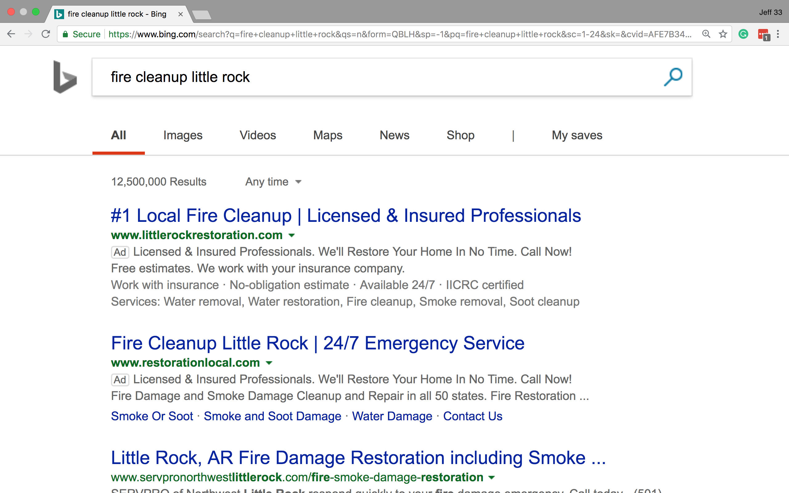 Paid Search Basics for Contractors: Example of Bing Paid Search Results